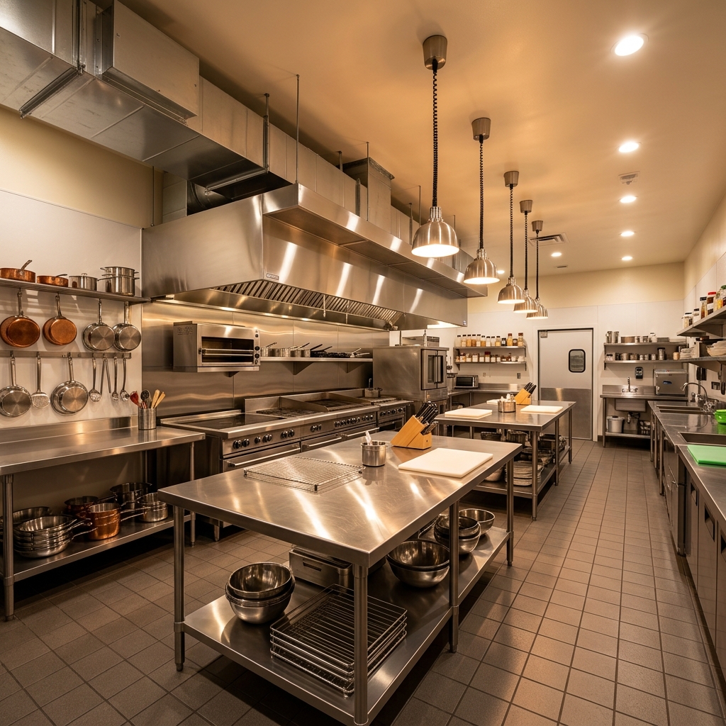 Sparkling clean commercial restaurant kitchen after professional exhaust system cleaning by ECS Indy Greenwood Indiana
