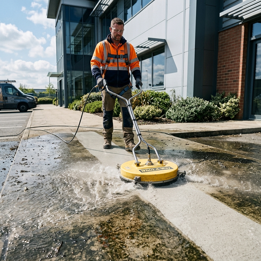 Man using surface cleaner attachment to pressure wash concrete outside a commercial restaurant