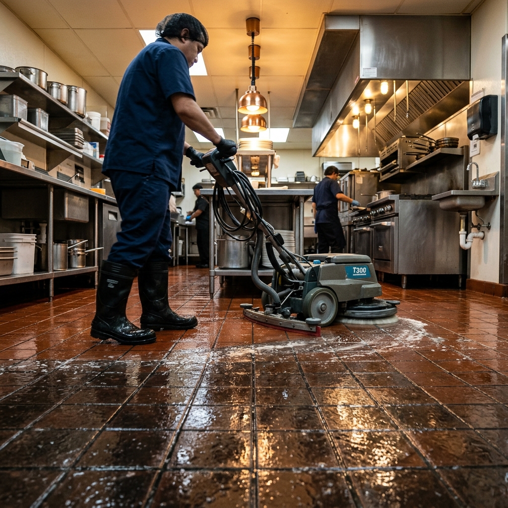 Commercial restaurant tile floor deep cleaning service removing grease and grime